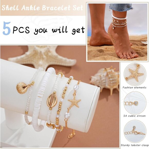 Gift-Ready 5 Pairs Adjustable Boho Anklet Set - Handmade Beach Foot Jewelry - Picture 4 of 7
